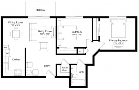 Floor plan for 2 beds, 1 bath, 894 sqft